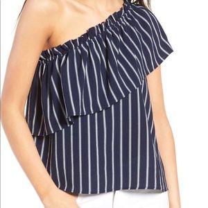 BP Nordstrom navy one shoulder ruffle top